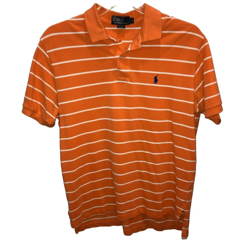 Ralph Lauren Polo Mens Large Orange Striped Cotton Polo Shirt Size L Preppy